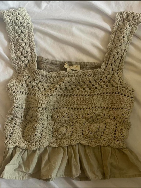 Rebellion Tops - Rebellion Crochet Tank Top in Light Beige with Ruffle Hem